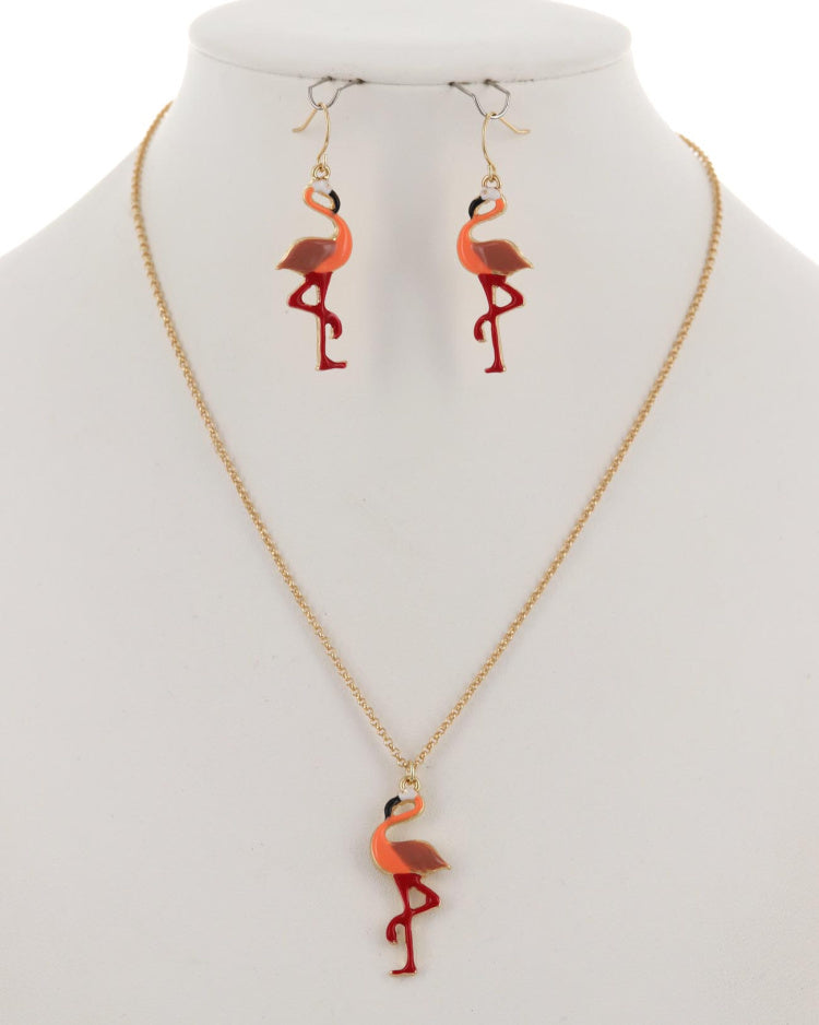 Flamingo Metal Enamel Pendant Necklace & Earring Set